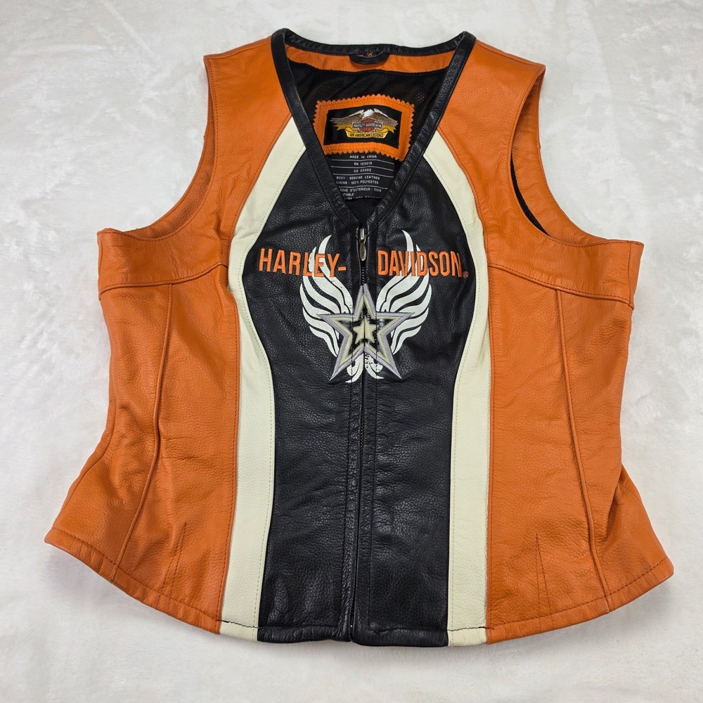 Harley-Davidson Leather Vest Womens Medium Orange Black Excellent Zip Up Moto